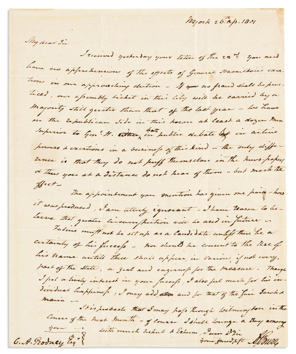 BURR, AARON. Autograph Letter Signed, A. Burr, as Vice President, to Caesar Augustus Rodney,